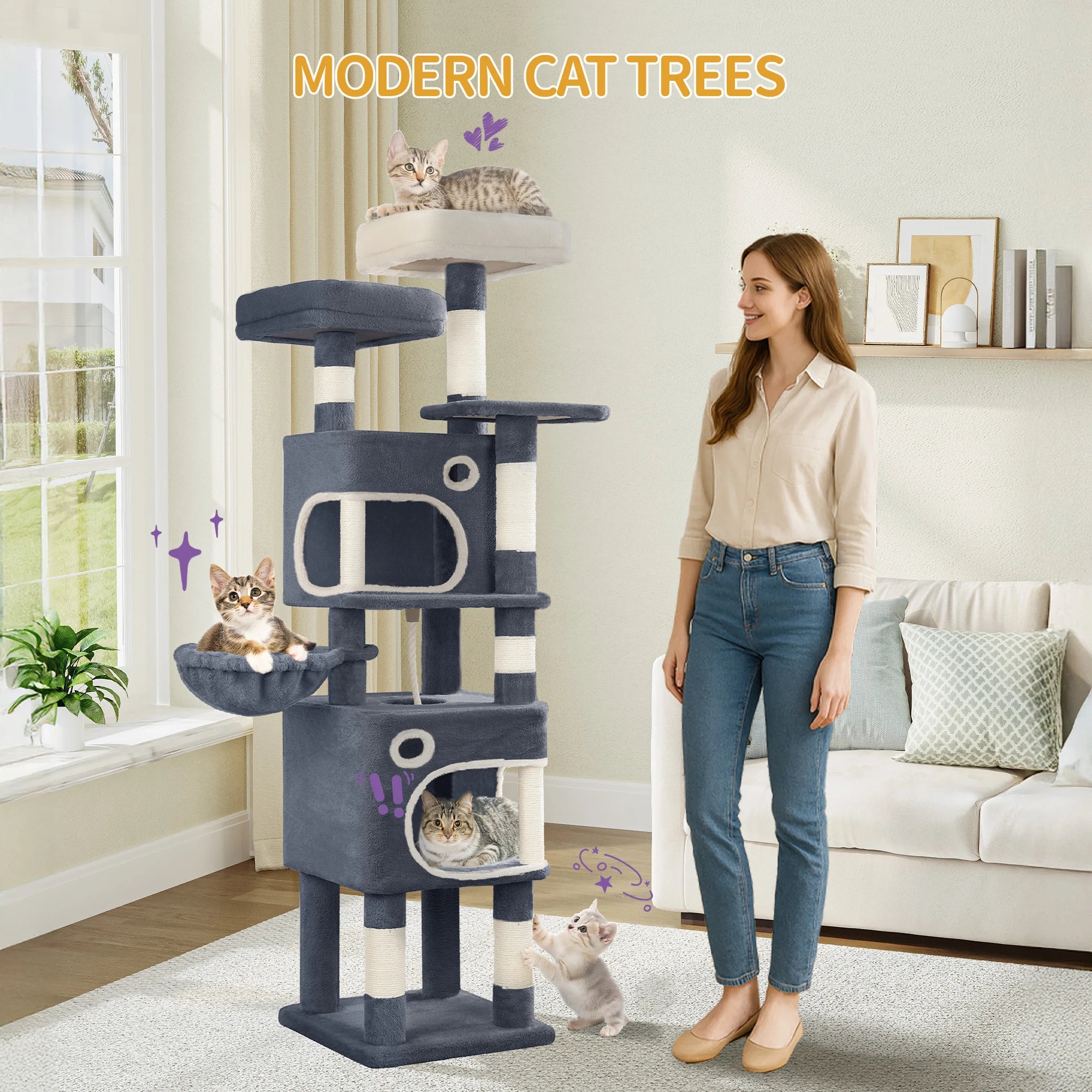 159cm Cat Tree for Indoor Cats, Cat Tower, Multi-Level Cats Condo with 8 Scratching Posts, 3 Platforms, 2 Caves, Basket