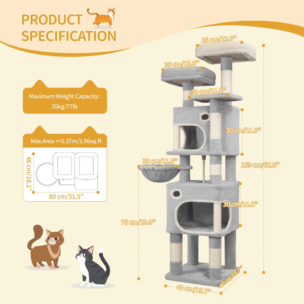 159cm Cat Tree for Indoor Cats, Cat Tower, Multi-Level Cats Condo with 8 Scratching Posts, 3 Platforms, 2 Caves, Basket