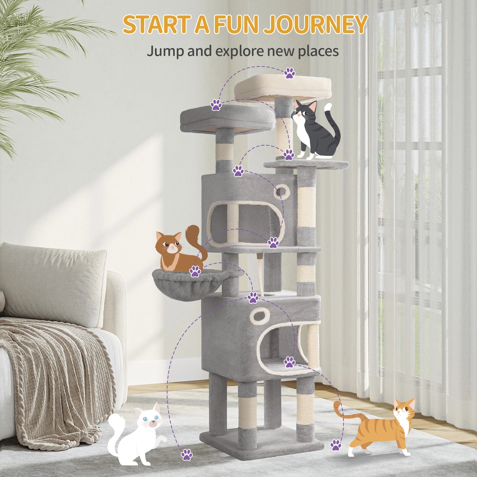 159cm Cat Tree for Indoor Cats, Cat Tower, Multi-Level Cats Condo with 8 Scratching Posts, 3 Platforms, 2 Caves, Basket