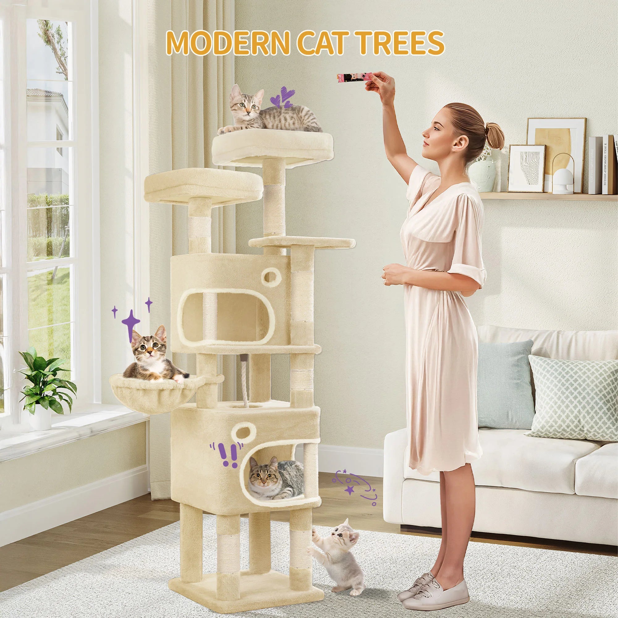 159cm Cat Tree for Indoor Cats, Cat Tower, Multi-Level Cats Condo with 8 Scratching Posts, 3 Platforms, 2 Caves, Basket