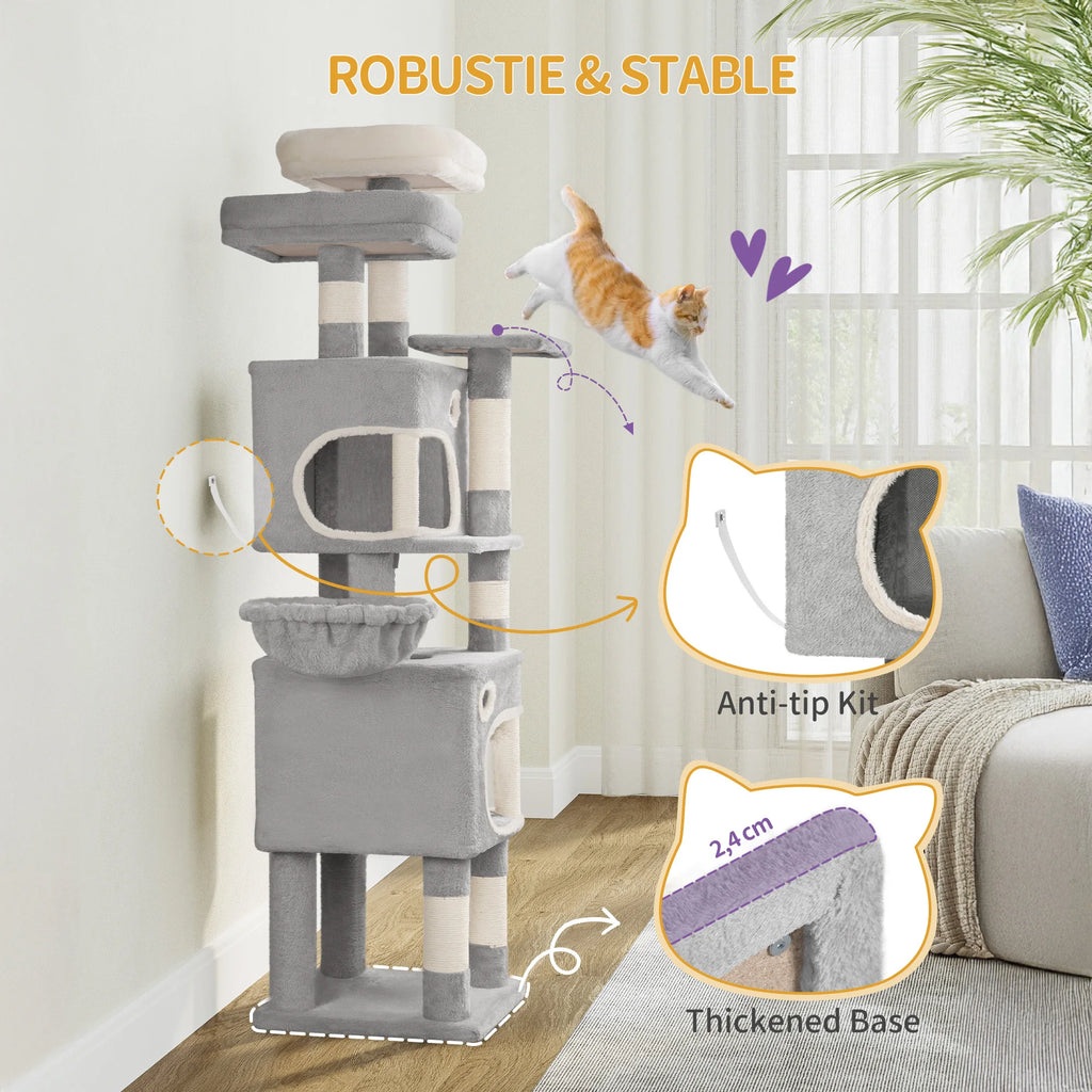 159cm Cat Tree for Indoor Cats, Cat Tower, Multi-Level Cats Condo with 8 Scratching Posts, 3 Platforms, 2 Caves, Basket