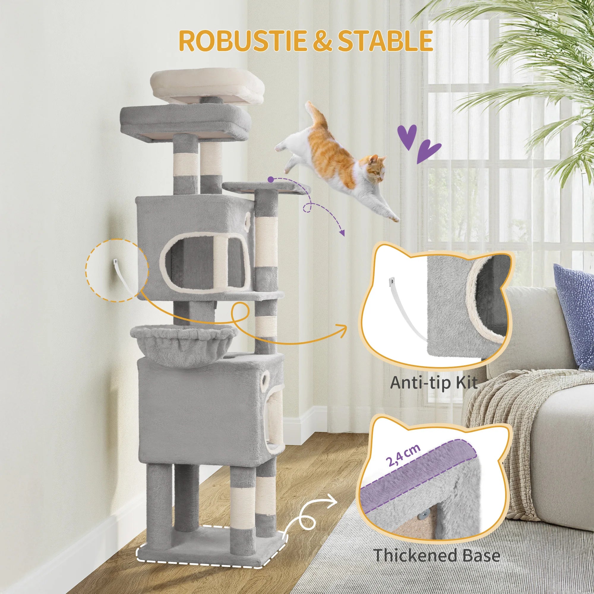 159cm Cat Tree for Indoor Cats, Cat Tower, Multi-Level Cats Condo with 8 Scratching Posts, 3 Platforms, 2 Caves, Basket