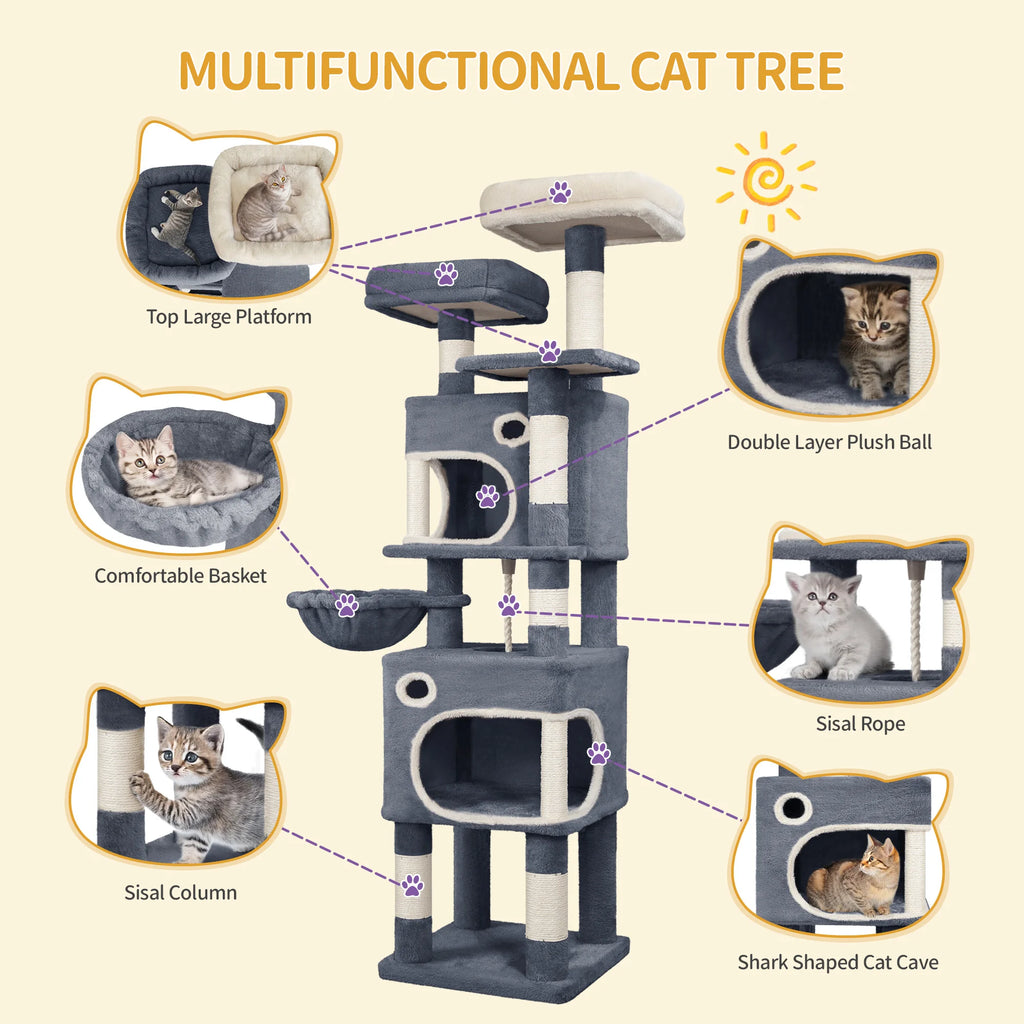159cm Cat Tree for Indoor Cats, Cat Tower, Multi-Level Cats Condo with 8 Scratching Posts, 3 Platforms, 2 Caves, Basket