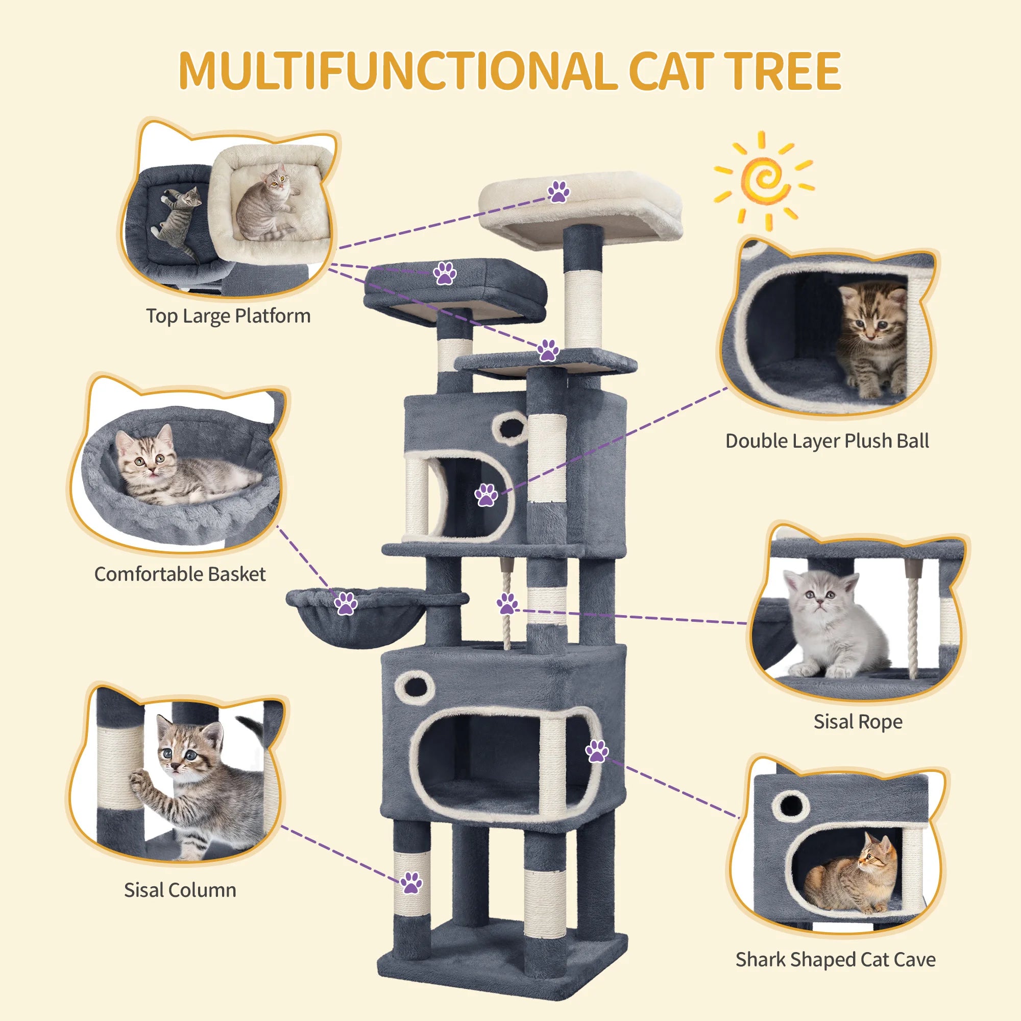 159cm Cat Tree for Indoor Cats, Cat Tower, Multi-Level Cats Condo with 8 Scratching Posts, 3 Platforms, 2 Caves, Basket