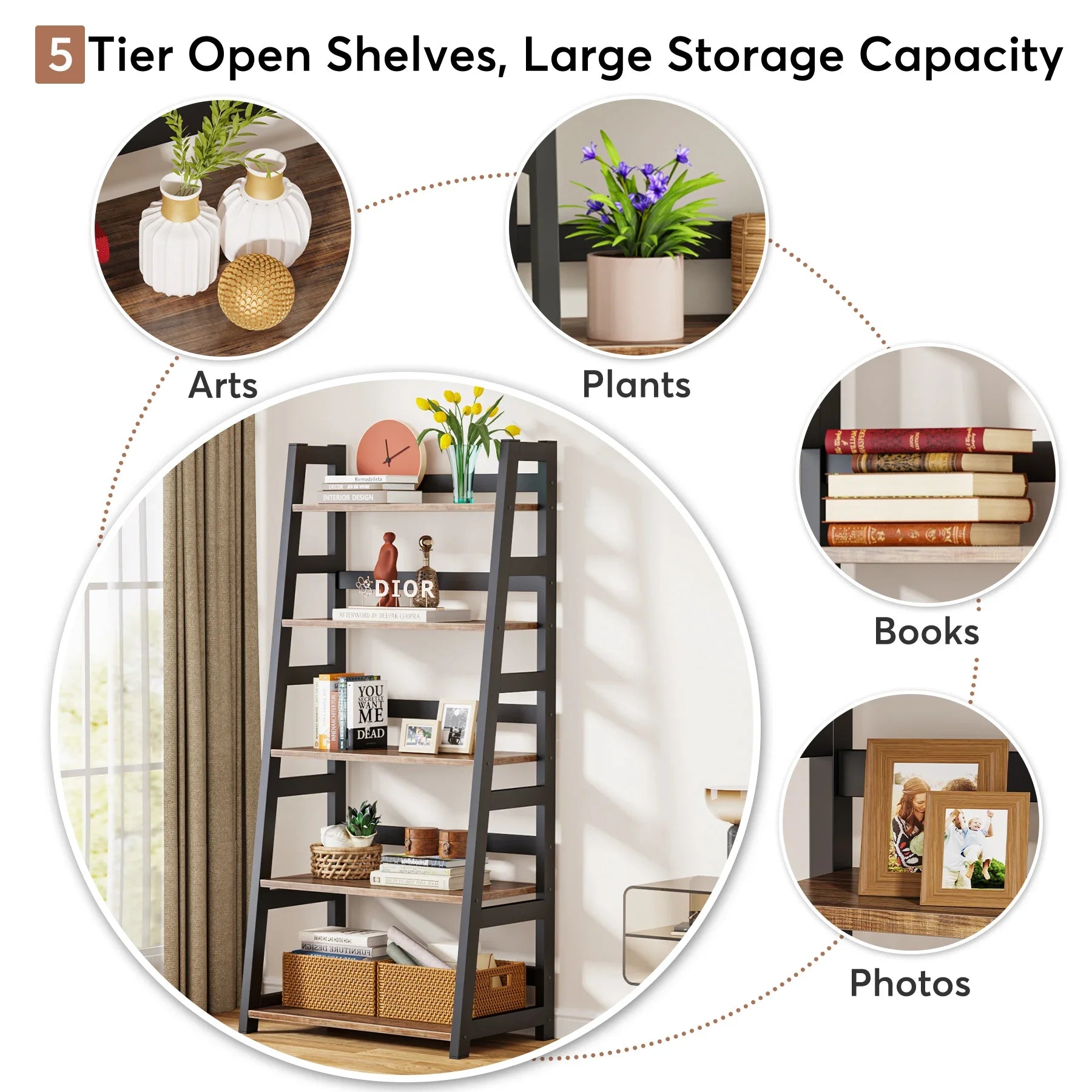 Tribesigns 5-Tier Bookshelf Industrial Bookcase, 5 Shelf Ladder Shelf Book Storage Shelf Organizer for Living Room, Home Office
