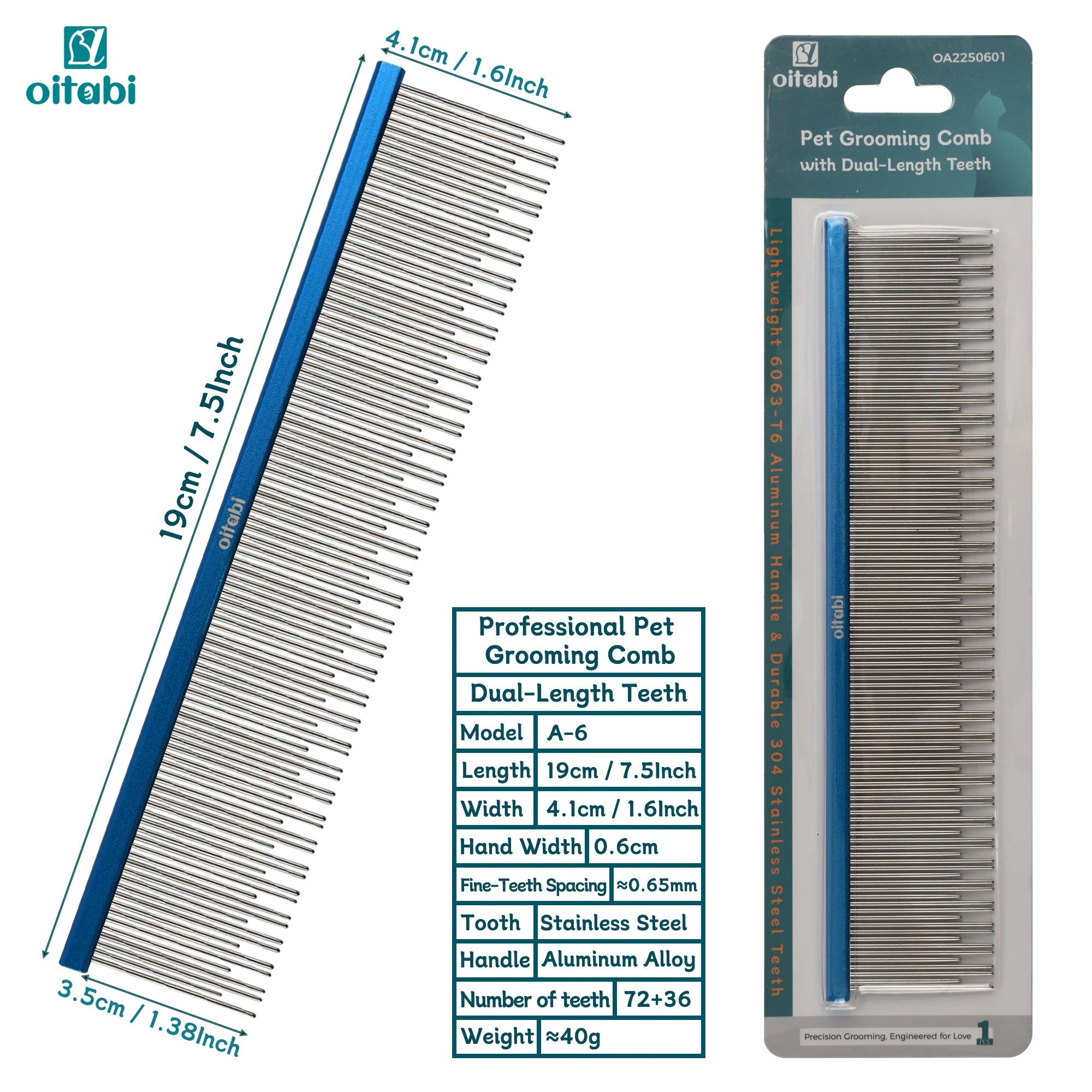 Oitabi Professional Pet Grooming Comb with Dual-Length Teeth for Dogs & Cats Metal Detangling Grooming Tool for Long Haired Pets