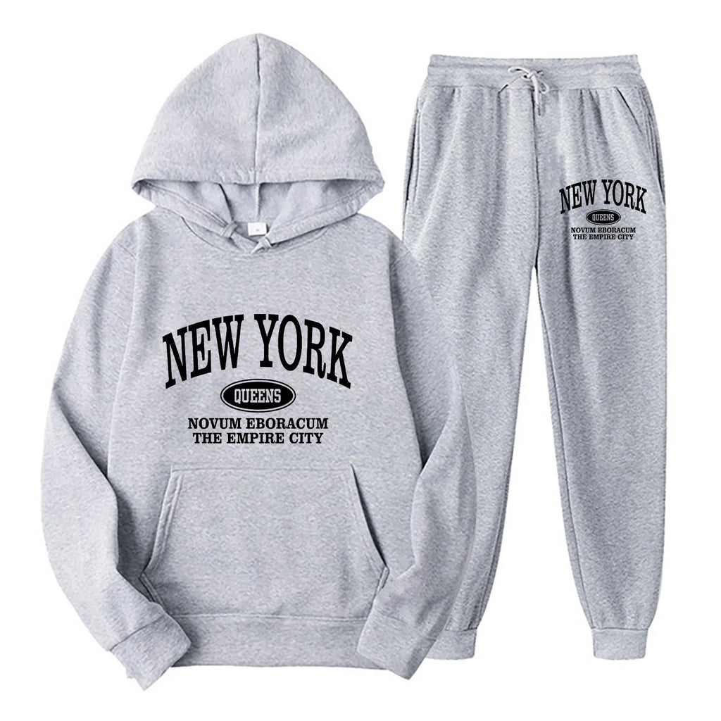 New York Print Two piece Set Casual Kangaroo Women's Casual Fashion Round Neck Sweatshirt, Solid Color Long Sleeves Sweatshirt,