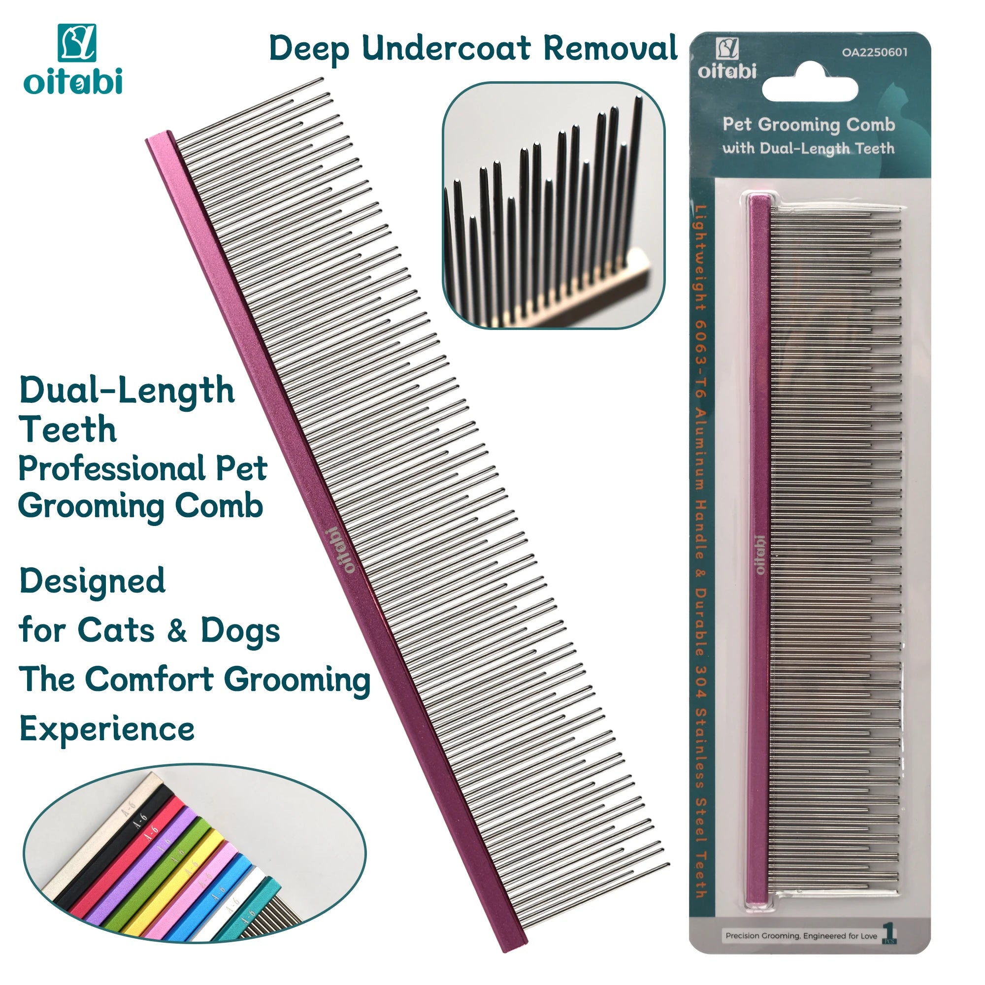 Oitabi Professional Pet Grooming Comb with Dual-Length Teeth for Dogs & Cats Metal Detangling Grooming Tool for Long Haired Pets
