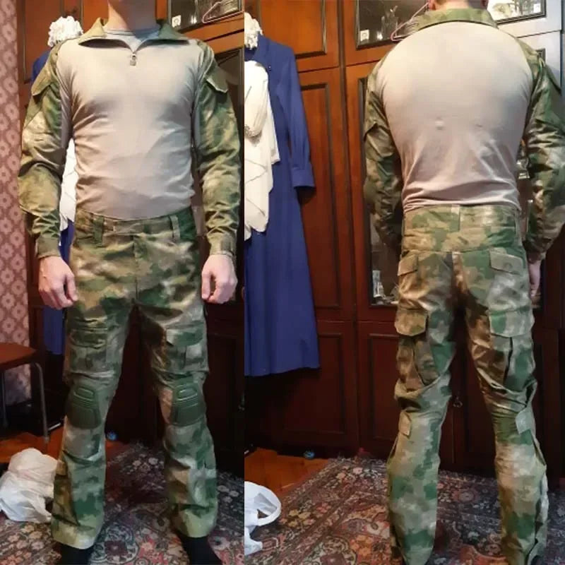 Outdoor Uniform Tactical Shirt Waterproof Clothing Tops Wear resistance Airsoft Multicam Camo Hunting Suit Pants+ Pads