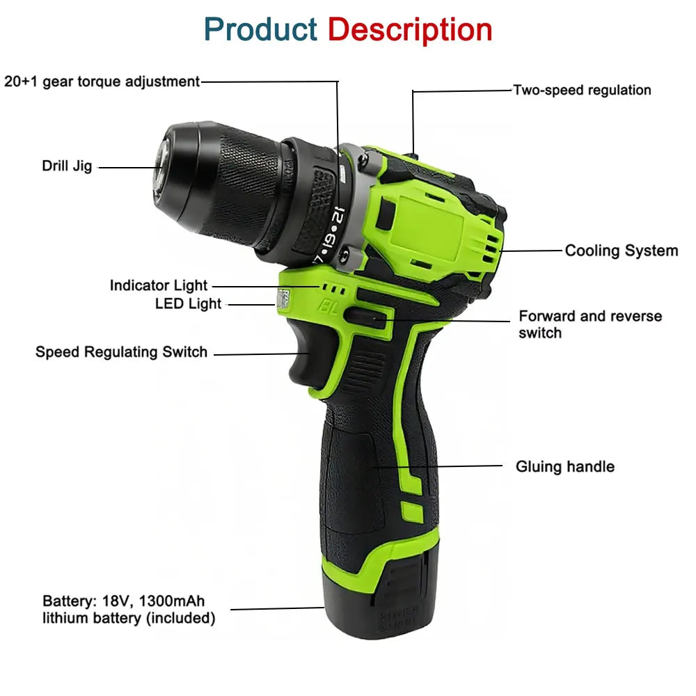 16.8V 2in1 Lithium Drill Electric Screwdriver Multi-function Power Tool 45Nm Torque Brushless Motor Practical Screw Driver