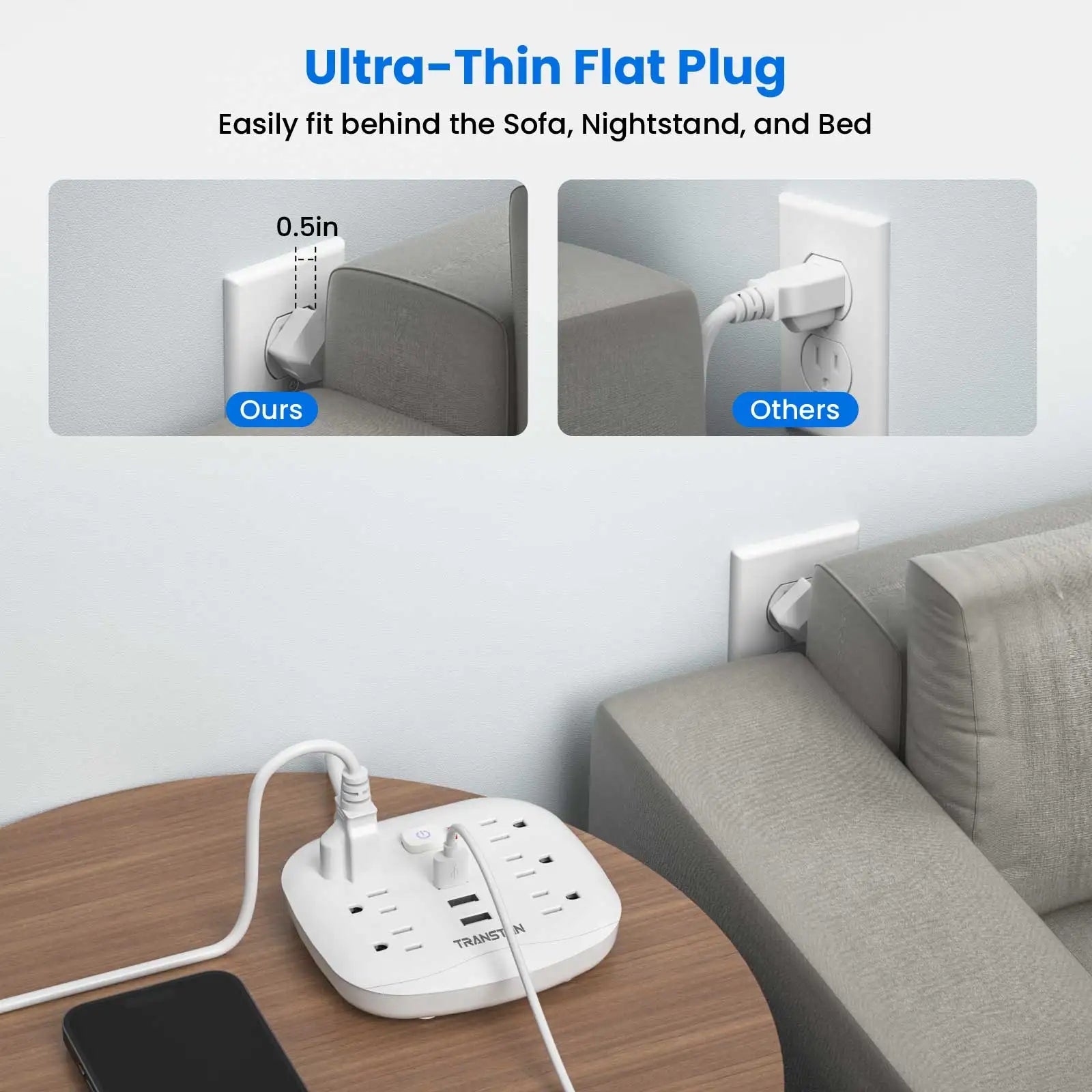 TRANSTON Power Outlet with Surge Protector, 6 power strip 3 USB Ports, 3.3ft Extension Cord, Fire Resistant, For Home and Offic