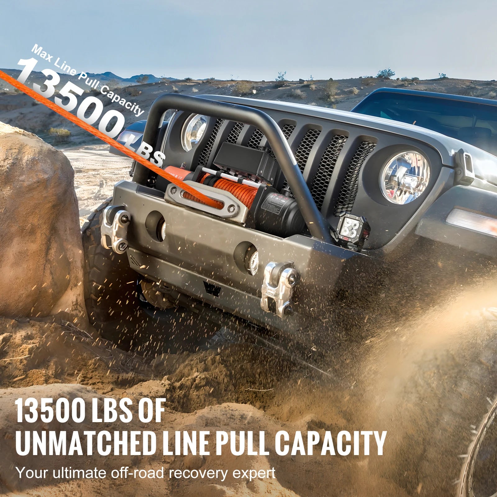 SucceBuy 13500lbs Electric Winch Car Truck Winch with 80ft Synthetic Rope Wireless & Wired Remote Control for Towing Off-Road