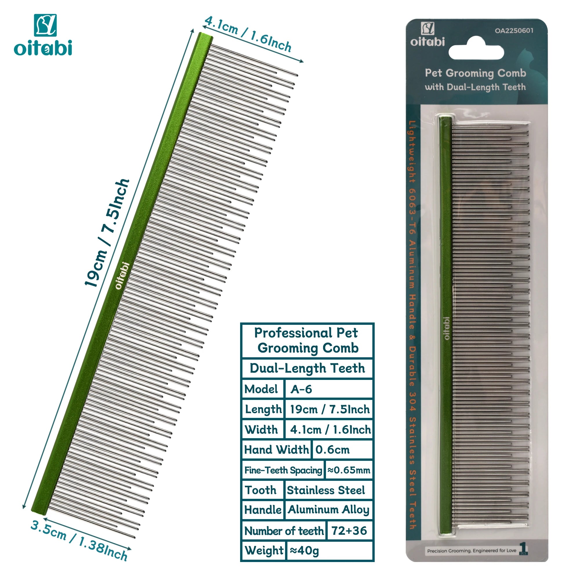 Oitabi Professional Pet Grooming Comb with Dual-Length Teeth for Dogs & Cats Metal Detangling Grooming Tool for Long Haired Pets