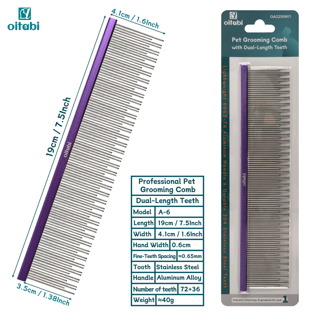 Oitabi Professional Pet Grooming Comb with Dual-Length Teeth for Dogs & Cats Metal Detangling Grooming Tool for Long Haired Pets