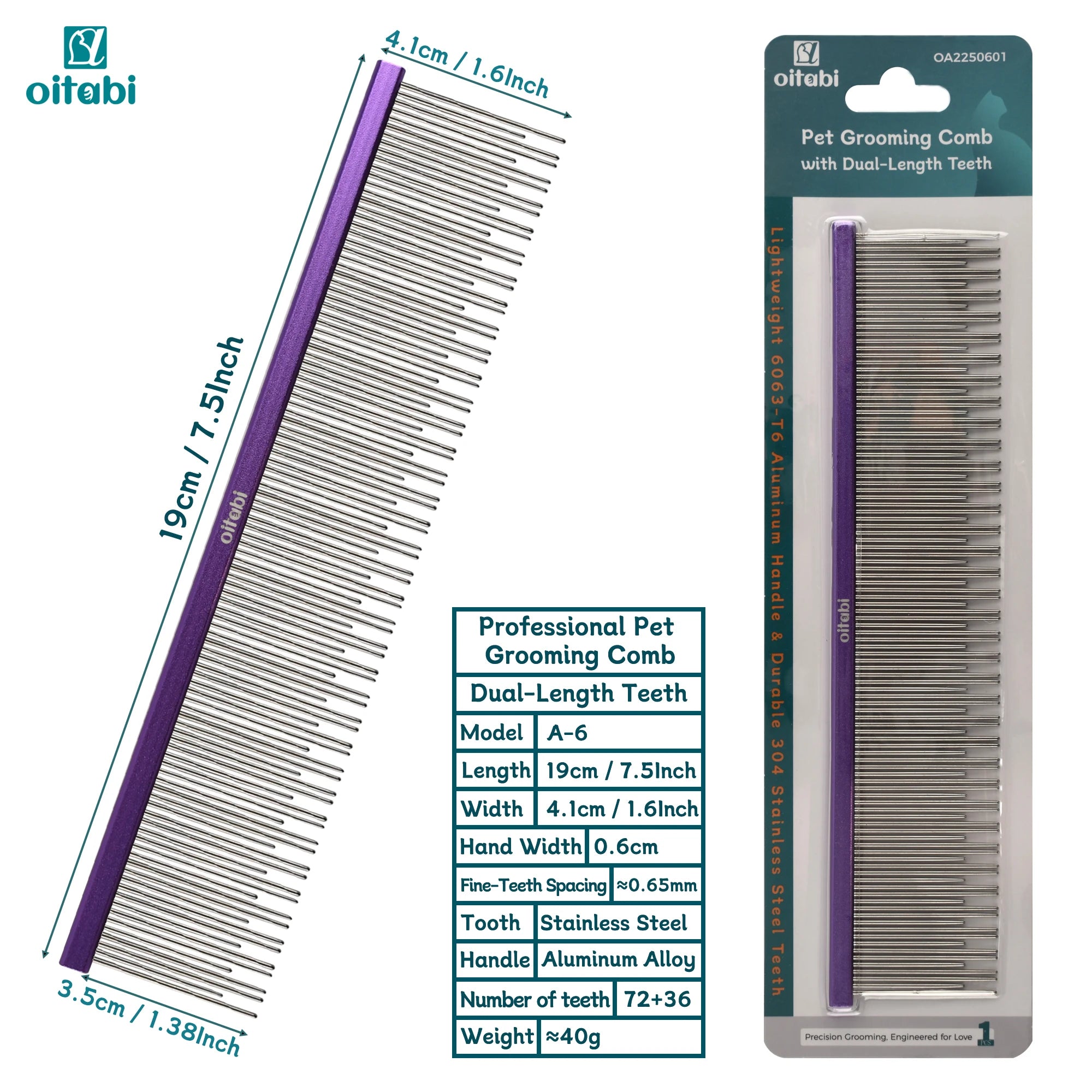 Oitabi Professional Pet Grooming Comb with Dual-Length Teeth for Dogs & Cats Metal Detangling Grooming Tool for Long Haired Pets