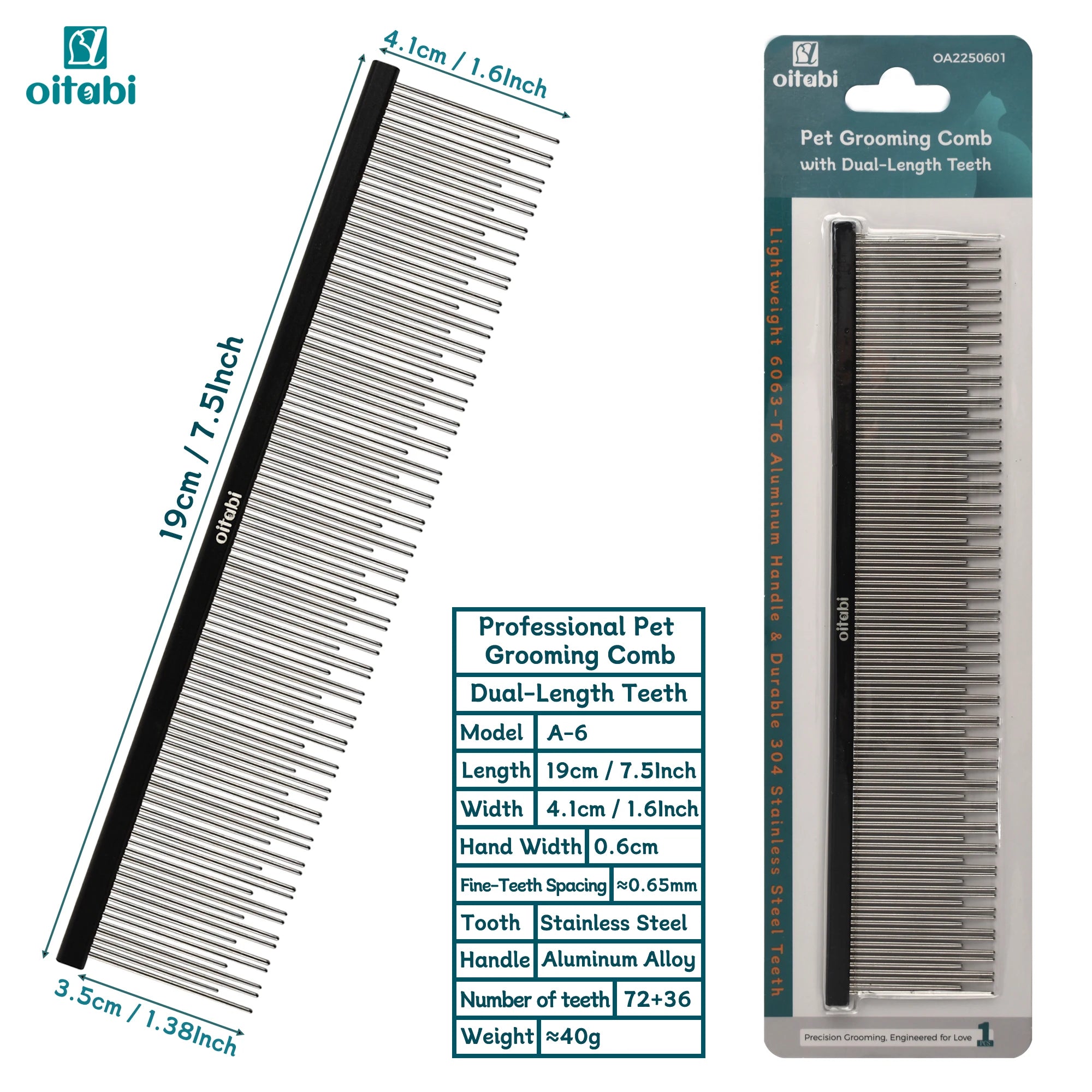 Oitabi Professional Pet Grooming Comb with Dual-Length Teeth for Dogs & Cats Metal Detangling Grooming Tool for Long Haired Pets