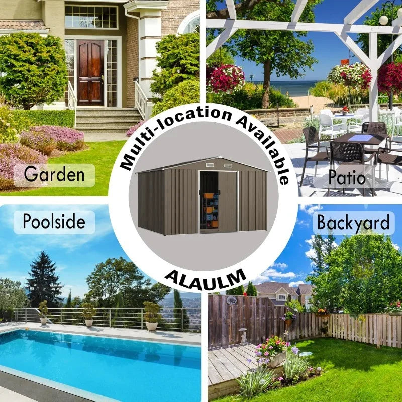 10'x8' Outdoor Storage Shed Outdoor Galvanized Metal Tool Shed with Vents & Sliding Door, Waterproof Garden Shed for Patio