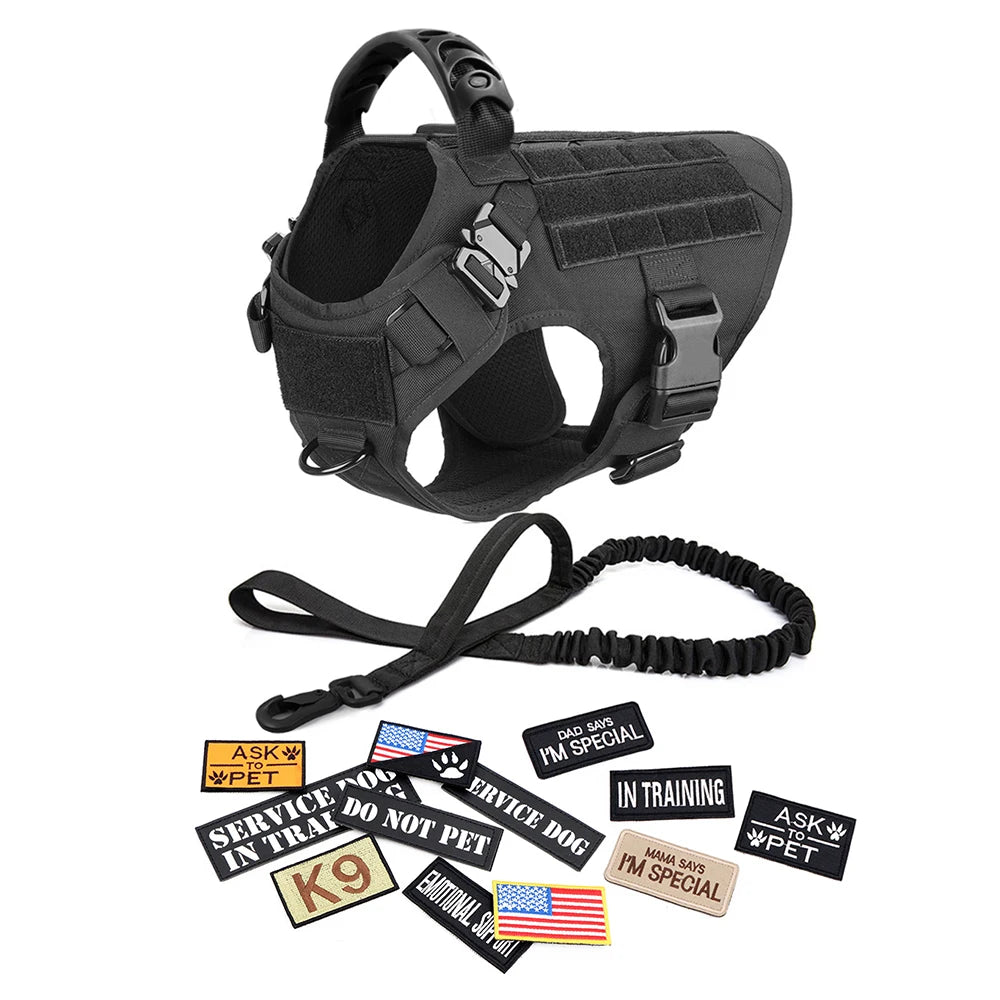 Military Large Dog Harness Collar Leash Bags Patches Set Pet Malinois Training Vests Tactical Dogs Harnesses Accessories
