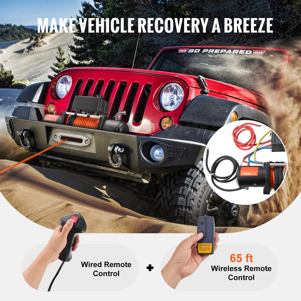 SucceBuy 13500lbs Electric Winch Car Truck Winch with 80ft Synthetic Rope Wireless & Wired Remote Control for Towing Off-Road