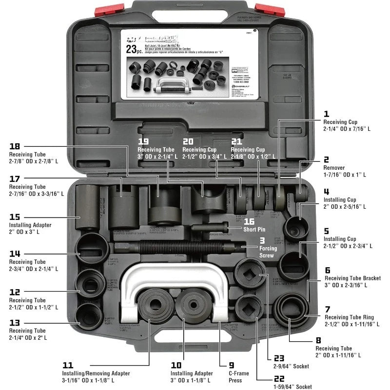 Ball and U Joint Service Set, 23 Piece Tool Kit, Remove and Install Ball Joints, Receiving Tube, Adapters, Sockets -
