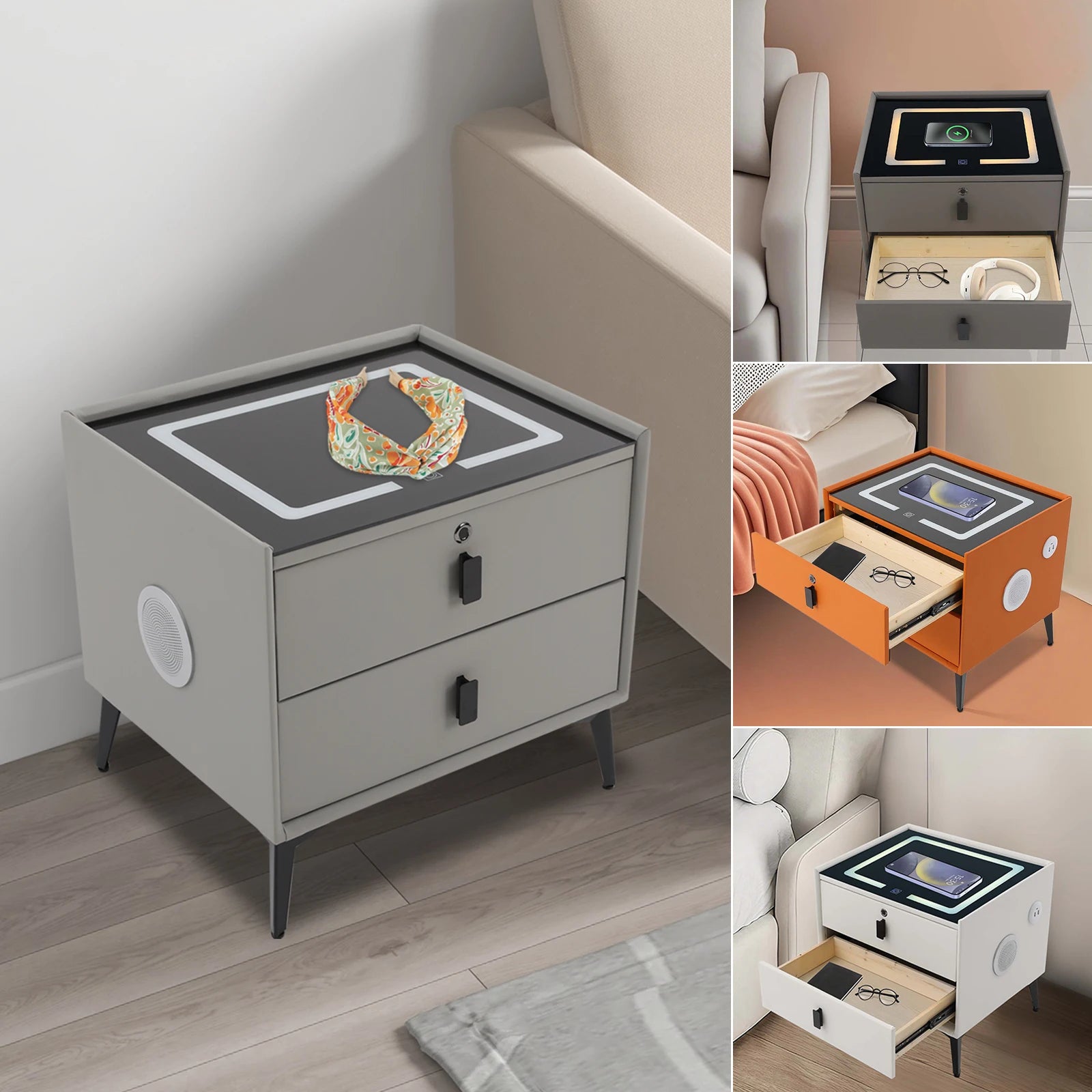 Modern Rectangular Bedside Table with Drawers Bluetooth Speaker Smart Bedside