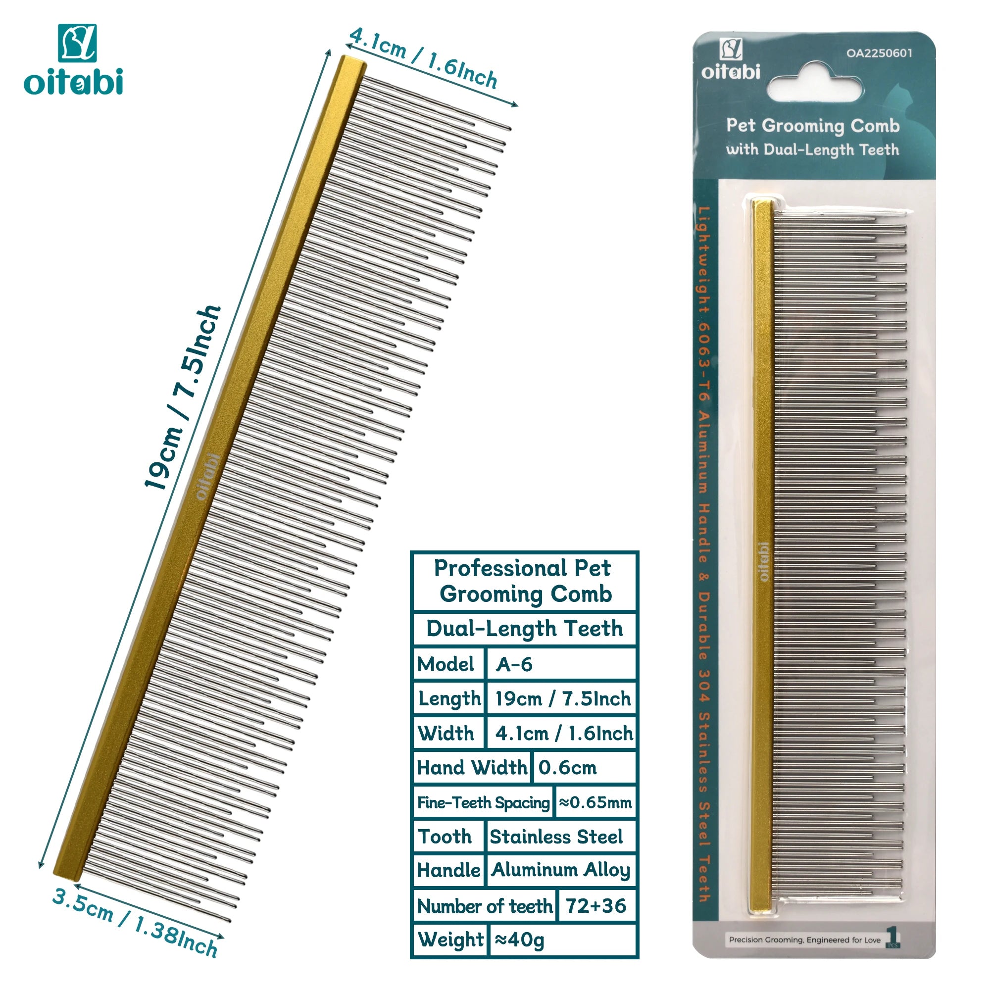 Oitabi Professional Pet Grooming Comb with Dual-Length Teeth for Dogs & Cats Metal Detangling Grooming Tool for Long Haired Pets
