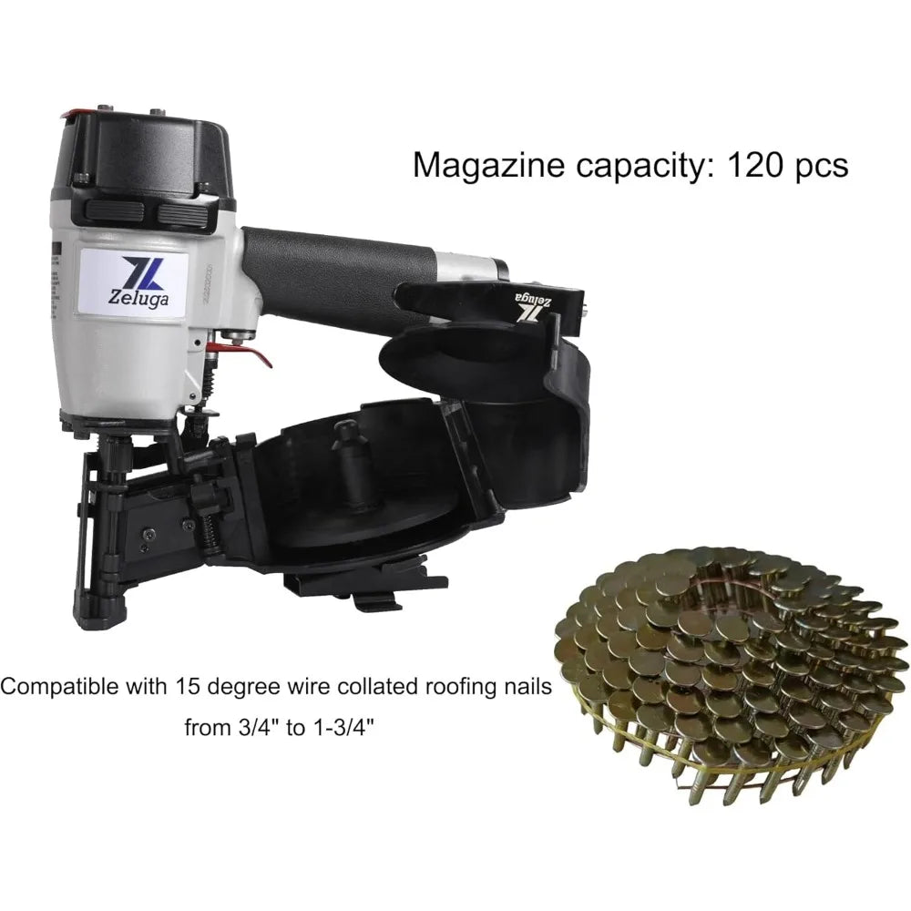 28-145 Pneumatic 15 Degree Coil Roofing Nailer with 120 PCS Load Capacity Coil Nailer Kit
