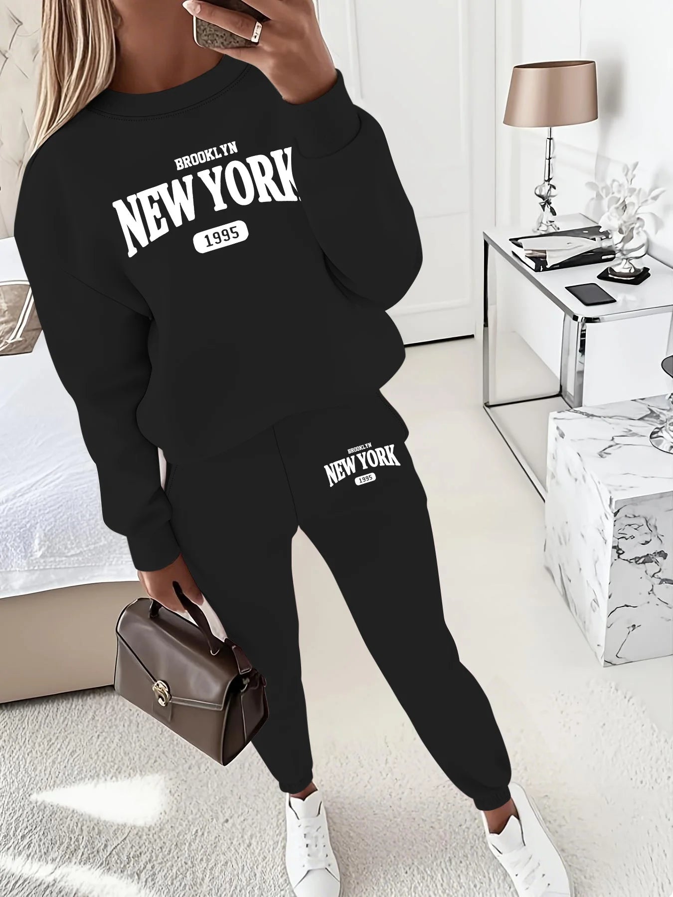New York Print Two piece Set Casual Kangaroo Women's Casual Fashion Round Neck Sweatshirt, Solid Color Long Sleeves Sweatshirt,