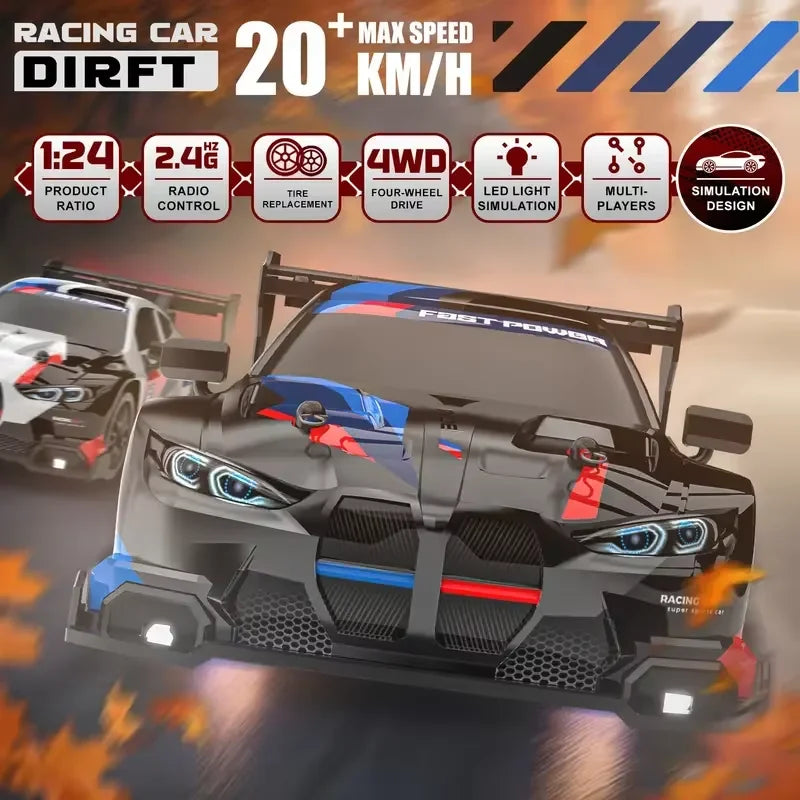 New 4WD 1:24 Scale RC Drift Car 2.4GHz 30KM/H High Speed M4 Racing Sport Toy Car LED Lights with Extra Tires Toy Kid Adult Gifts