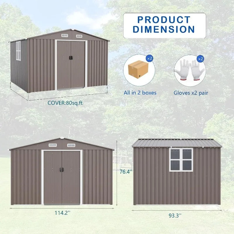 10'x8' Outdoor Storage Shed Outdoor Galvanized Metal Tool Shed with Vents & Sliding Door, Waterproof Garden Shed for Patio