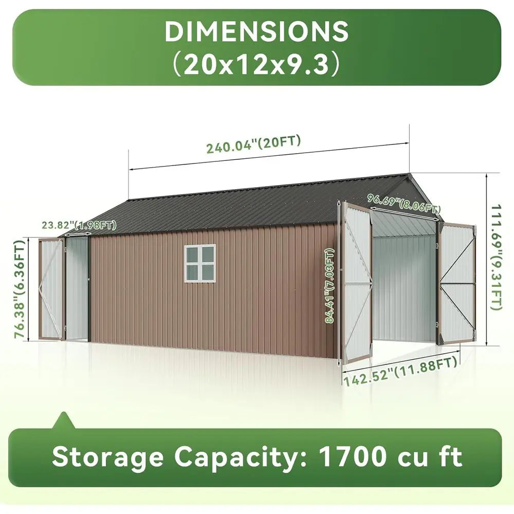 12x20x9.3 ft Large Outdoor Metal Storage Shed - 1700 sq ft, Double Door, Weather-Resistant, Brown