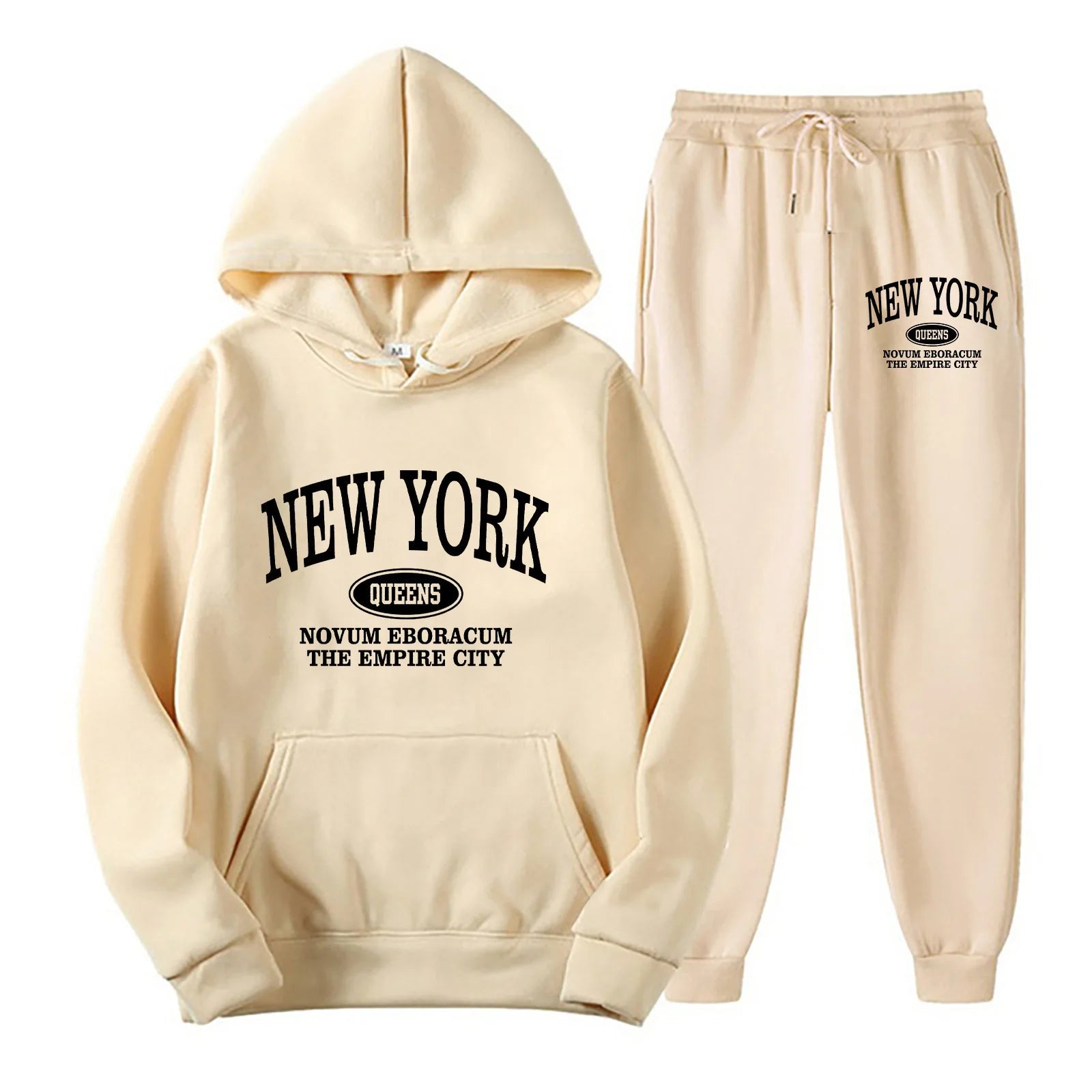 New York Print Two piece Set Casual Kangaroo Women's Casual Fashion Round Neck Sweatshirt, Solid Color Long Sleeves Sweatshirt,