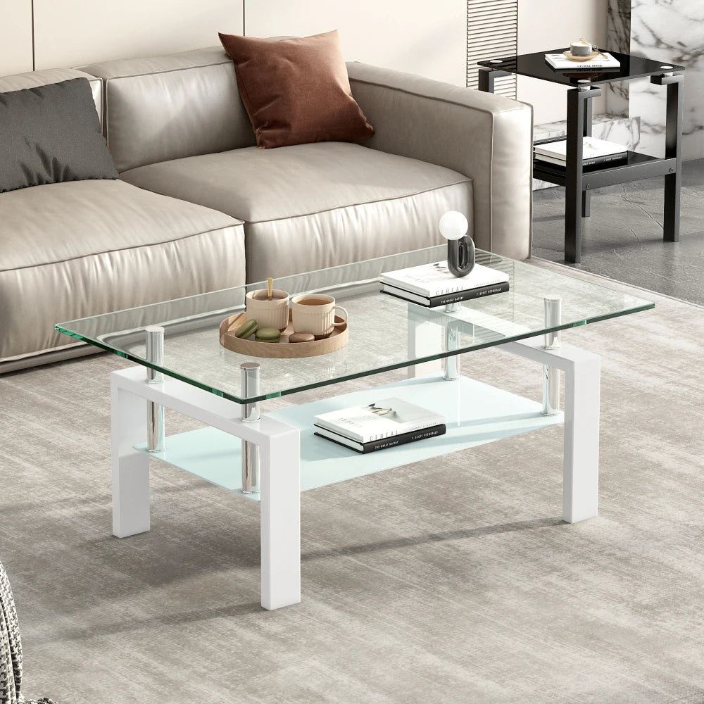 Tempered Clear Glass Coffee Table 2-Layers Coffee