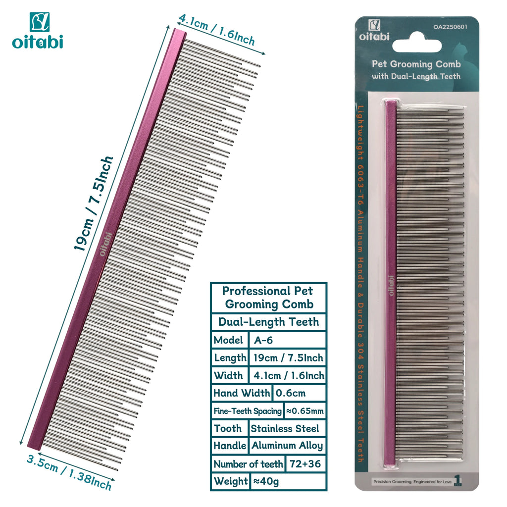 Oitabi Professional Pet Grooming Comb with Dual-Length Teeth for Dogs & Cats Metal Detangling Grooming Tool for Long Haired Pets