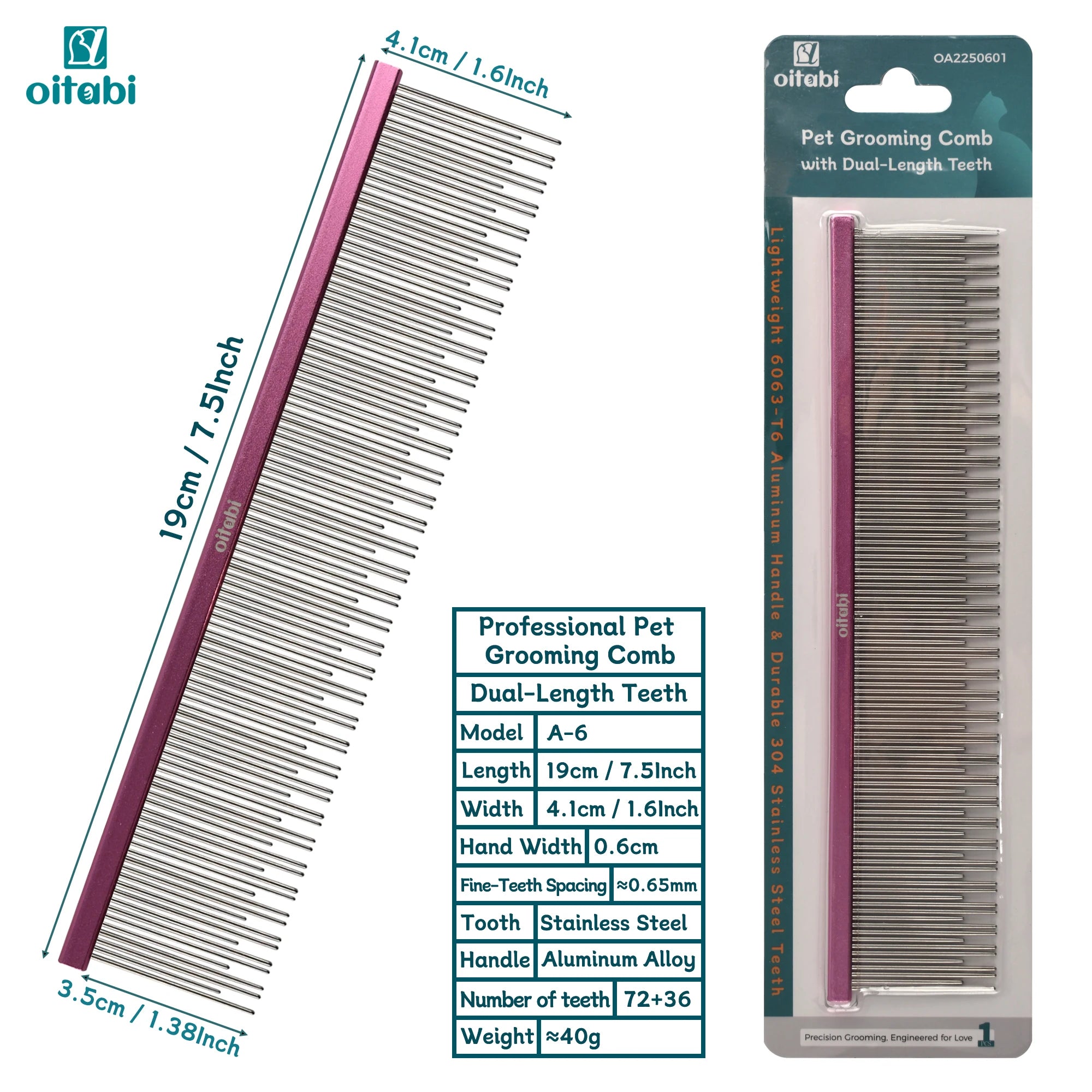 Oitabi Professional Pet Grooming Comb with Dual-Length Teeth for Dogs & Cats Metal Detangling Grooming Tool for Long Haired Pets