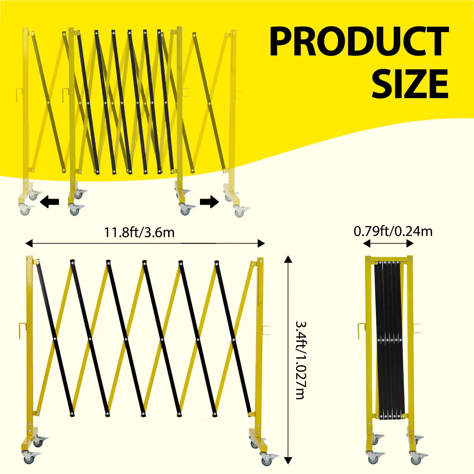 , 11 Feet, Mobile Safety Barrier Gate, Retractable Traffic Fence With Warning Board Casters