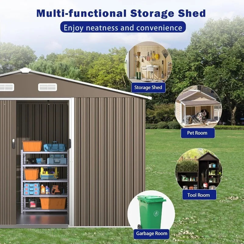 10'x8' Outdoor Storage Shed Outdoor Galvanized Metal Tool Shed with Vents & Sliding Door, Waterproof Garden Shed for Patio
