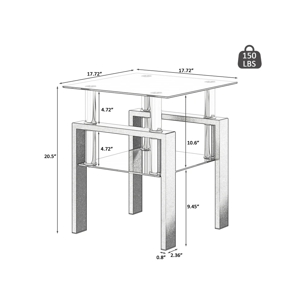 1-Piece Modern Tempered Glass Tea Table Coffee Table End Table Square Table for Living Room Black