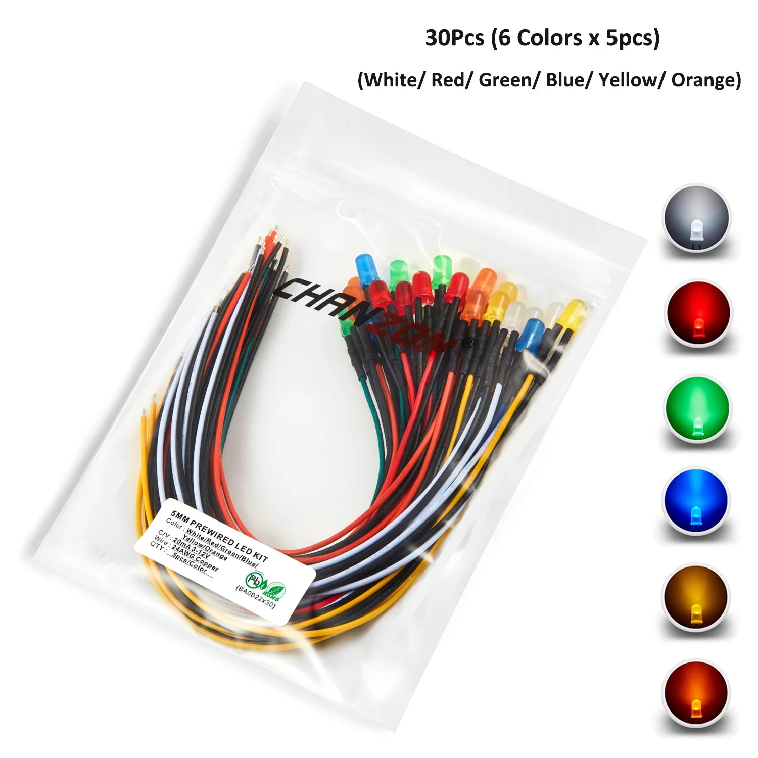 12V 5mm LED Diode Kit White Red Green Blue Yellow Orange Prewired 5 9 12 V Diffused Light Emitting Indicator Assortment Assorted