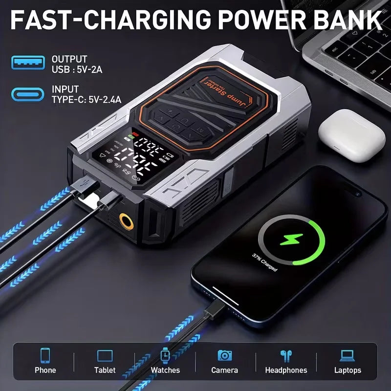 Jump Starter with Air Compressor, 7000A Peak Car Battery Jump Starter Jump Box (All Gas/12.0L Diesel), Battery Charger,LED Light