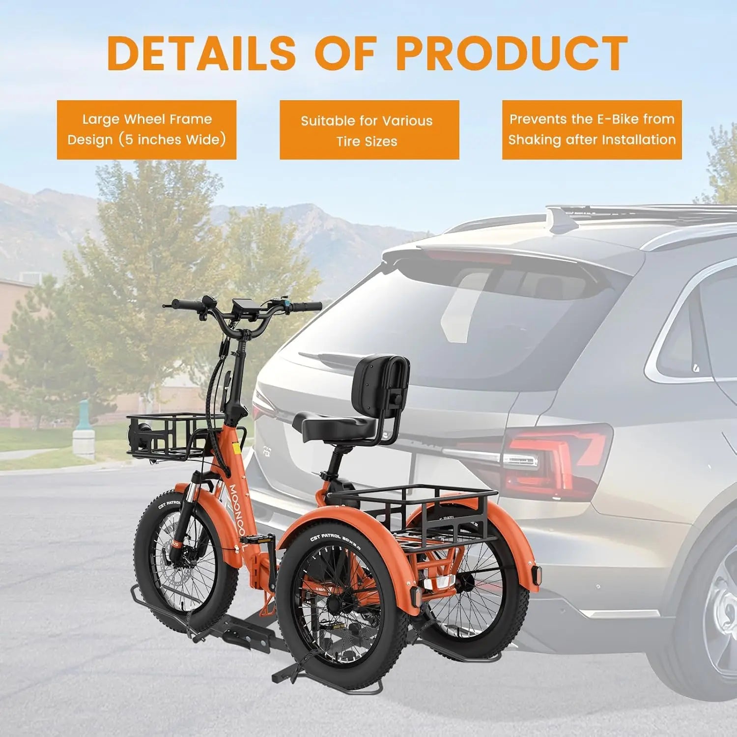 Heavy-Duty 5" Fat Tire Trike Rack for 2" Hitch, 170 lbs Capacity, Folding Carrier for Cars SUVs Vans