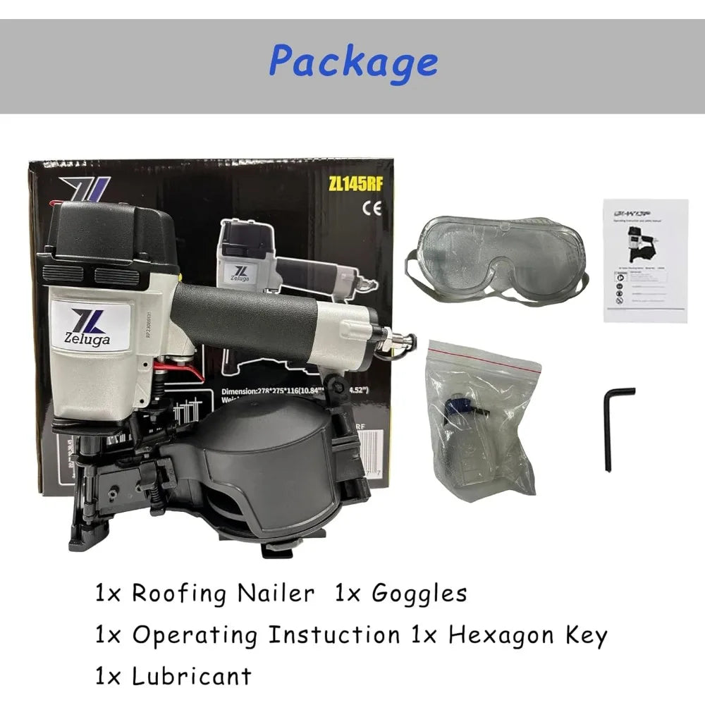 28-145 Pneumatic 15 Degree Coil Roofing Nailer with 120 PCS Load Capacity Coil Nailer Kit