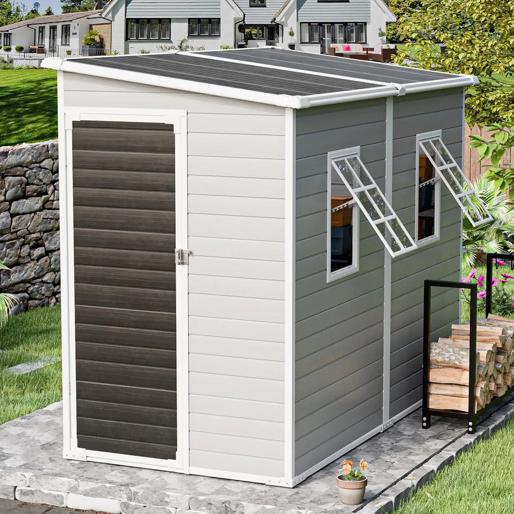 4x8 FT Resin Lean to Shed, Waterproof Outdoor Storage Shed with Floor and Adjustable Openable Windows,Outside, Customized