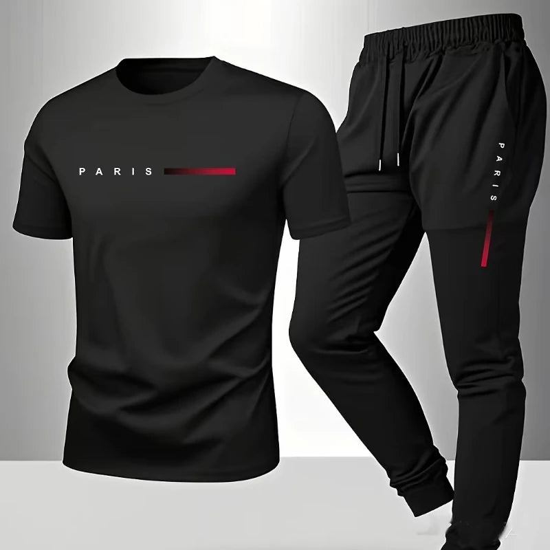 PARIS Men s casual suit spring and summer new style letter print American trend sports fashion short sleeved pants two-piece set