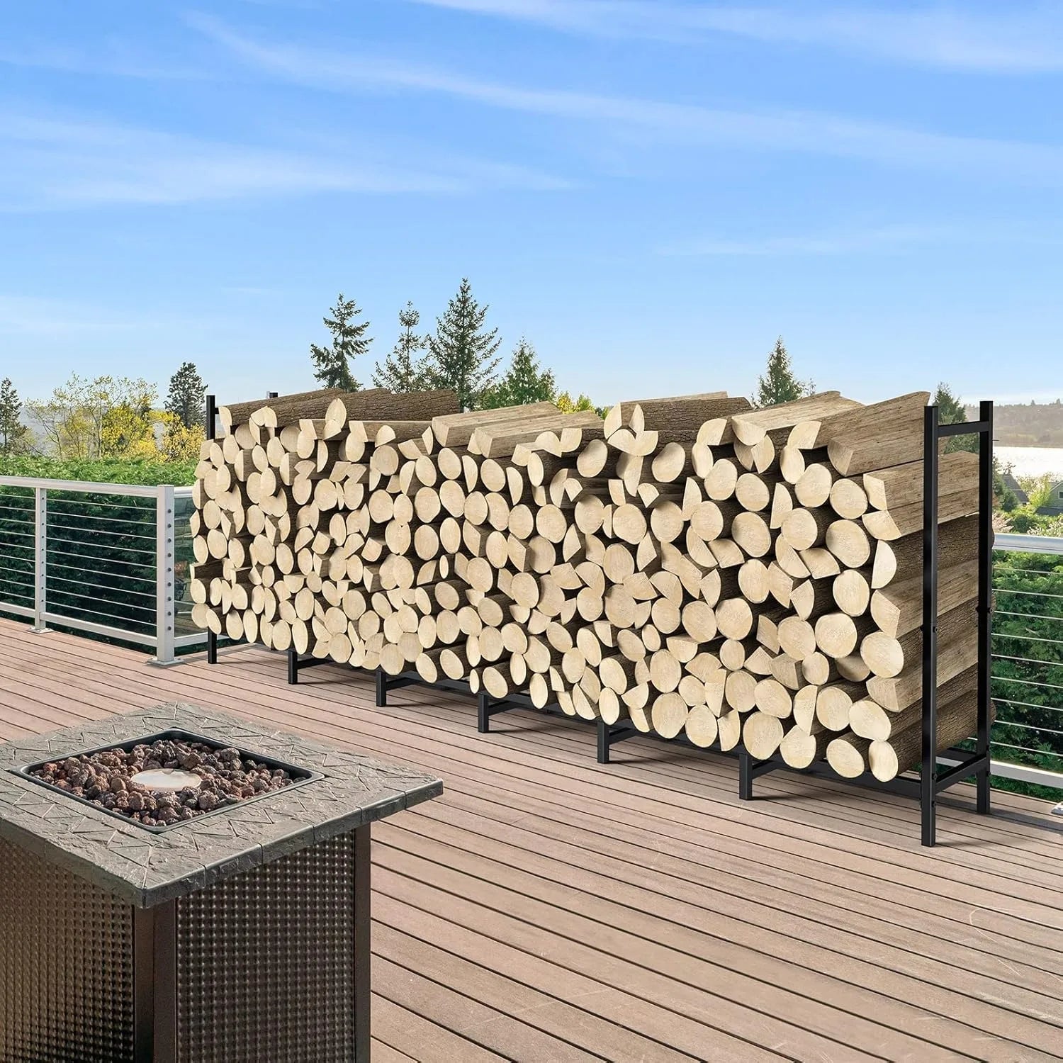 Heavy Duty Steel 8ft Firewood Rack with Cover | Waterproof Weatherproof | Adjustable Large Capacity Log Stacker