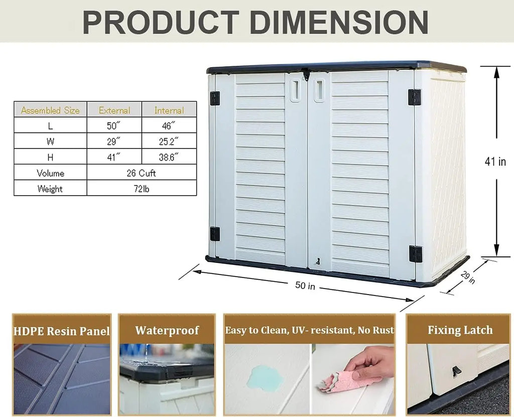 Storage Shed Weather Resistance, Multi-Purpose Outdoor Storage Cabinet for Backyards and Patios, Horizontal Storage Shed for La