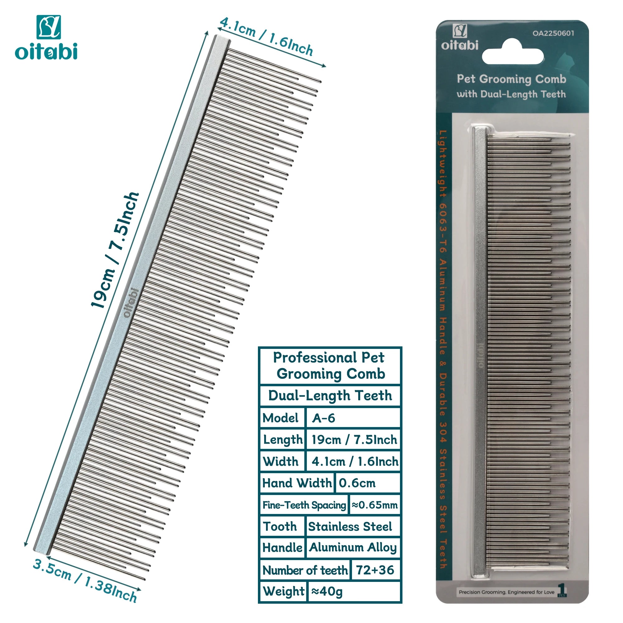 Oitabi Professional Pet Grooming Comb with Dual-Length Teeth for Dogs & Cats Metal Detangling Grooming Tool for Long Haired Pets