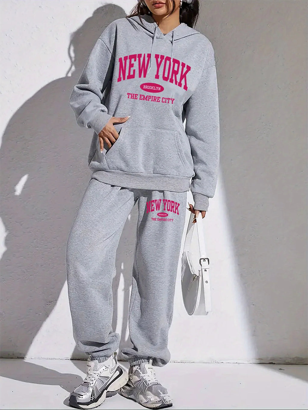 New York Print Two piece Set Casual Kangaroo Women's Casual Fashion Round Neck Sweatshirt, Solid Color Long Sleeves Sweatshirt,