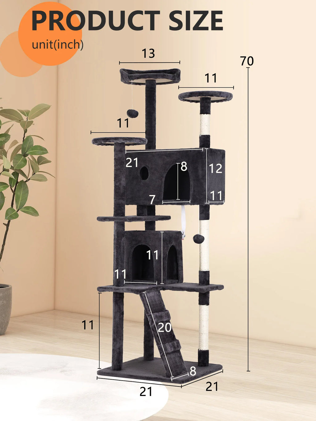 Cat Tree 54/70 Inch Cat with Sisal-Covered Scratching