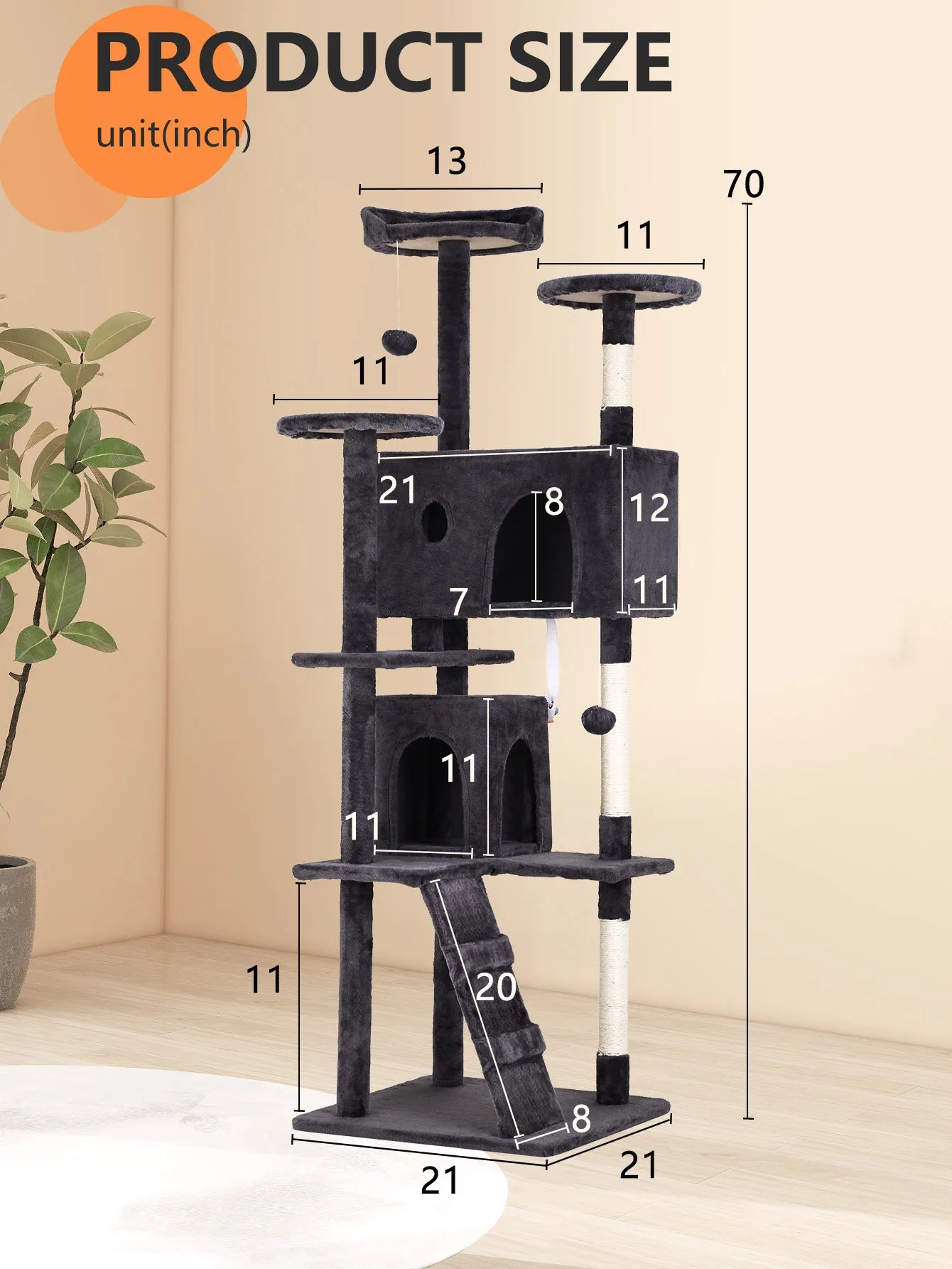 Cat Tree 54/70 Inch Cat with Sisal-Covered Scratching